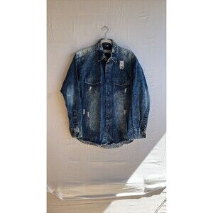 Evolution In Design Distressed Acid Wash Denim Button-Up Shirt